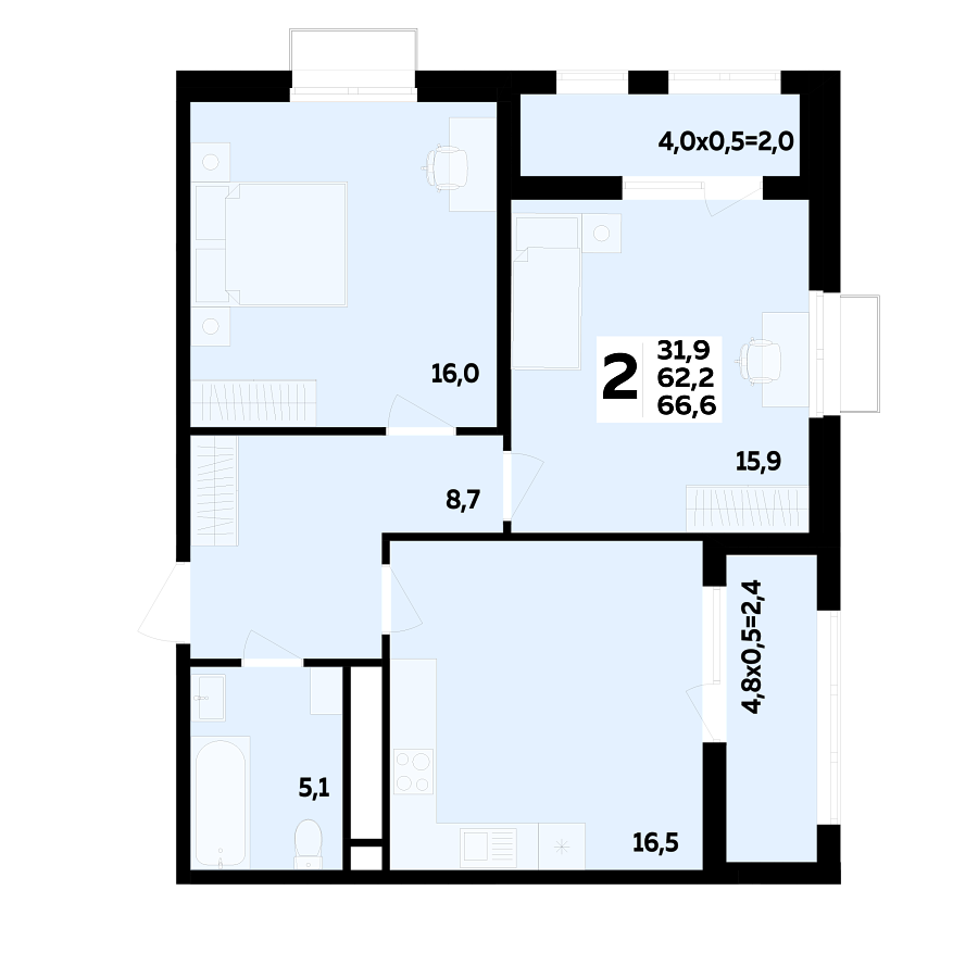 Планировка 2-комнатная, 67.3 м²