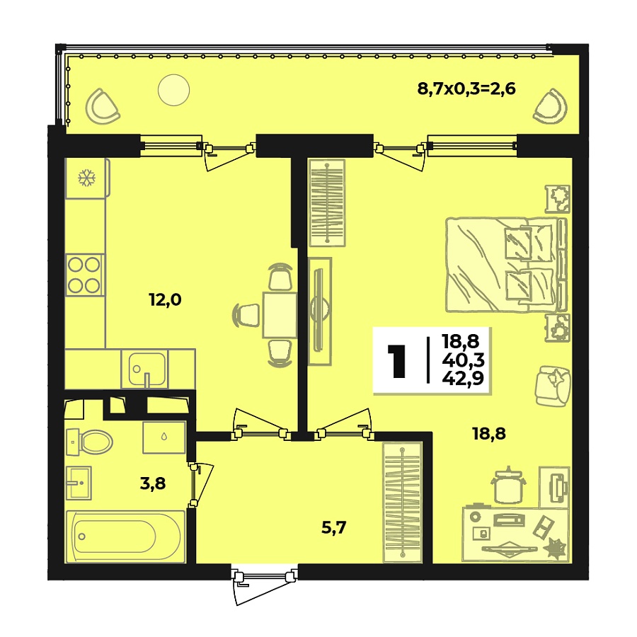 Планировка 1-комнатная, 42.9 м²