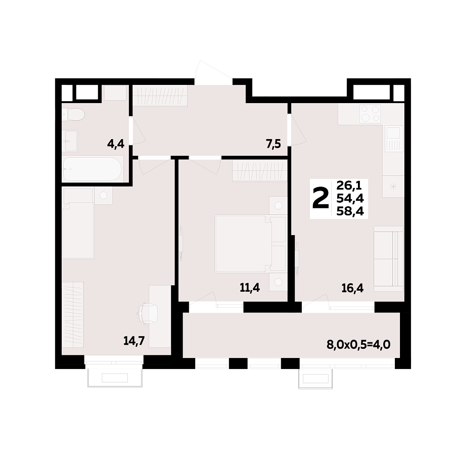 Планировка 2-комнатная, 58.4 м²