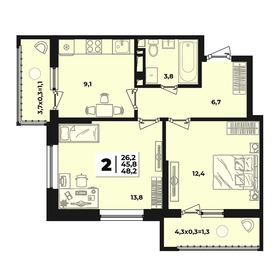 Планировка 2-комнатная, 48.2 м²
