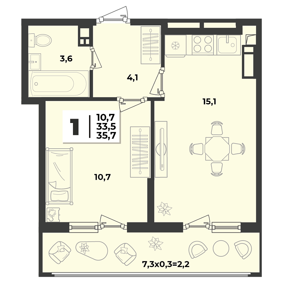 Планировка 1-комнатная, 35.7 м²