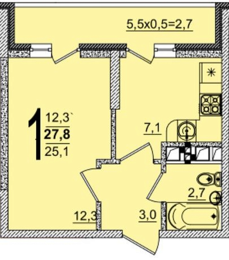 Планировка 1-комнатная, 27.8 м²