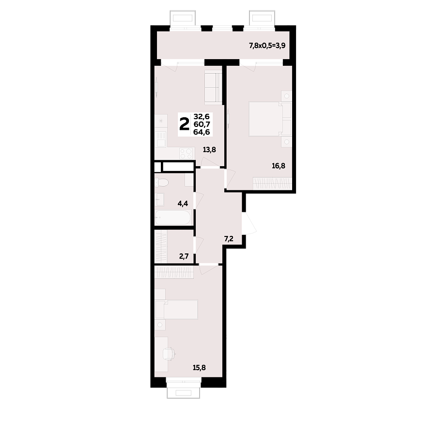 Планировка 2-комнатная, 64.6 м²