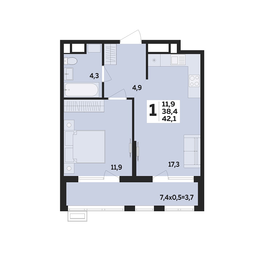 Планировка 1-комнатная, 42.1 м²