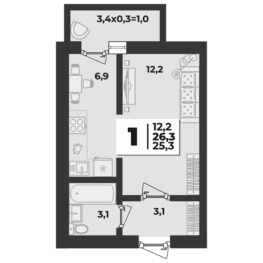 Планировка 1-комнатная, 25.7 м²