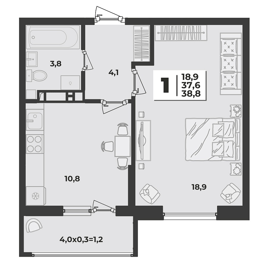 Планировка 1-комнатная, 38.8 м²