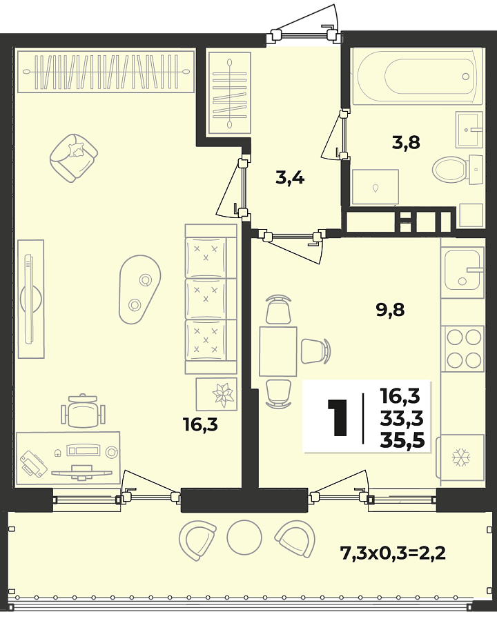 Планировка 1-комнатная, 35.5 м²