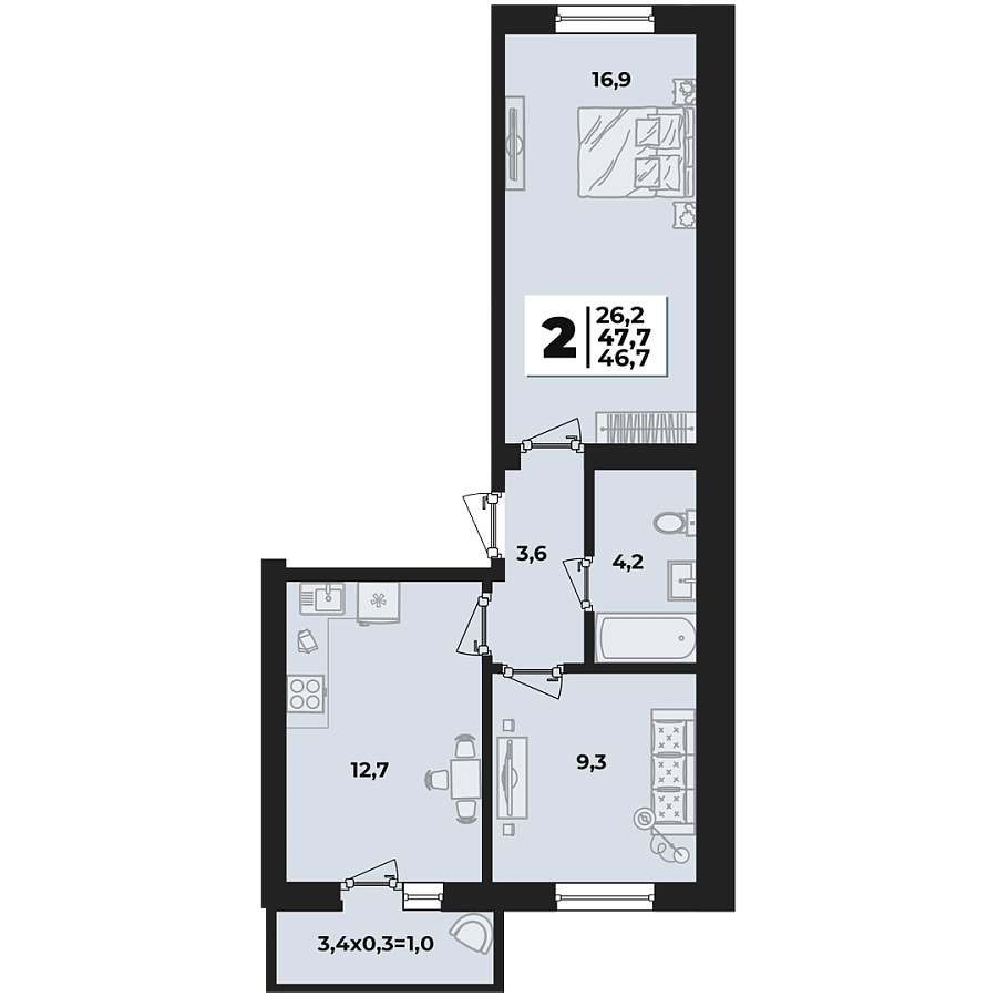 Планировка 2-комнатная, 47.7 м²