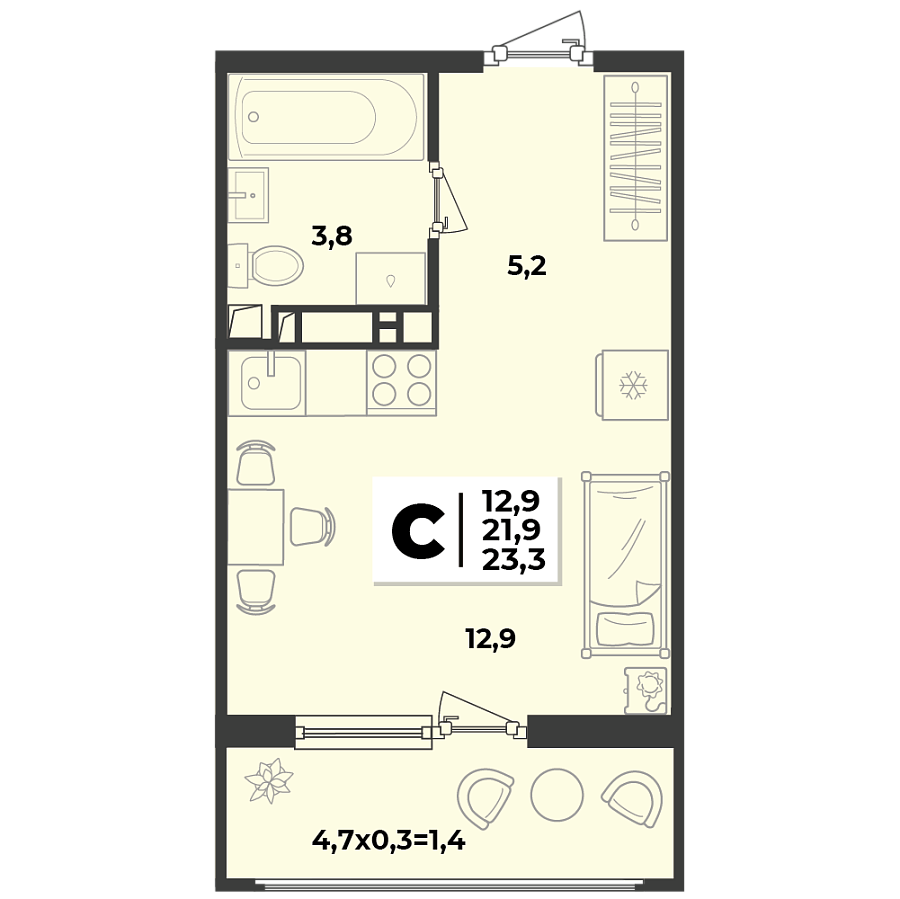 Планировка Студия, 23.3 м²