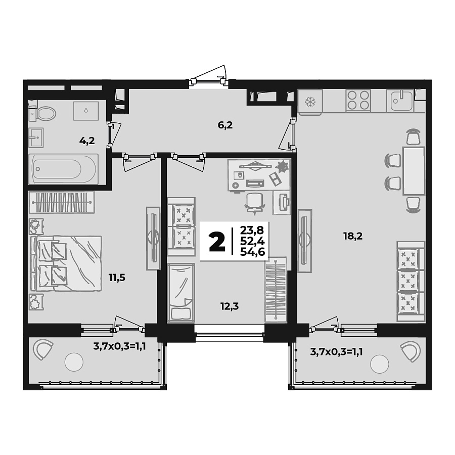 Планировка 2-комнатная, 54.6 м²