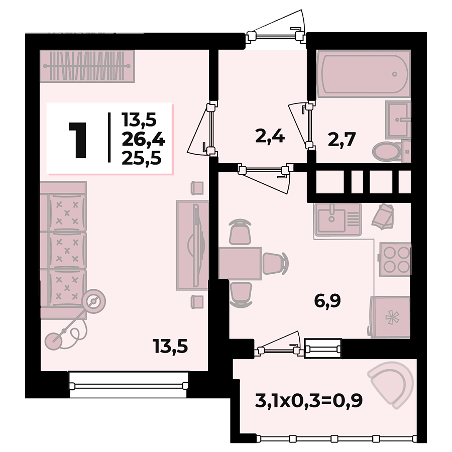 Планировка 1-комнатная, 26.4 м²