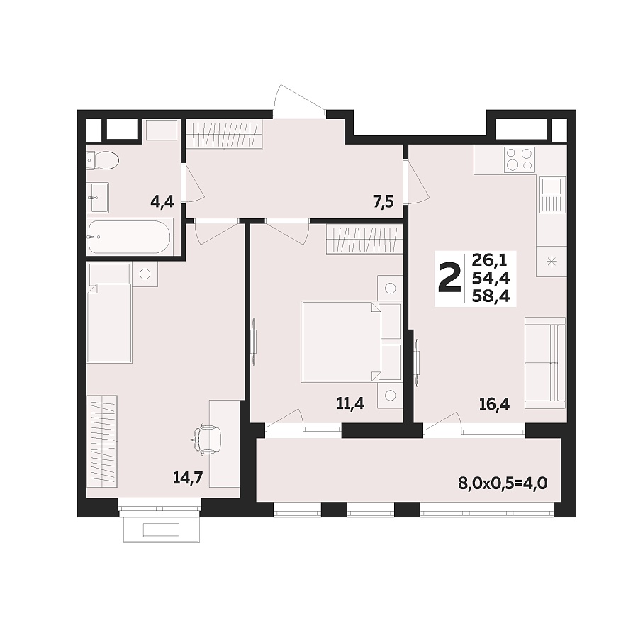 Планировка 2-комнатная, 58.4 м²