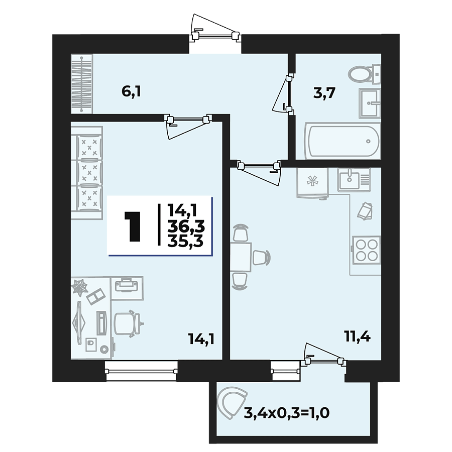 Планировка 1-комнатная, 36.3 м²