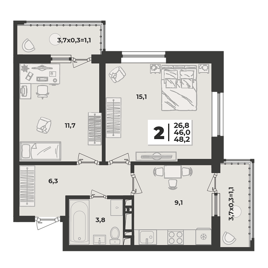 Планировка 2-комнатная, 48.2 м²