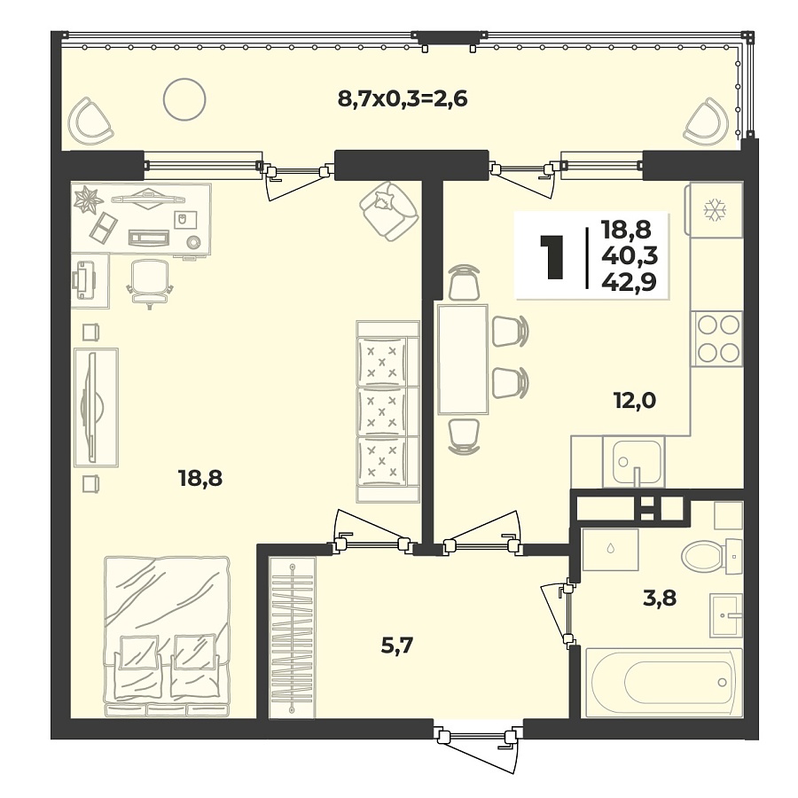 Планировка 1-комнатная, 42.9 м²