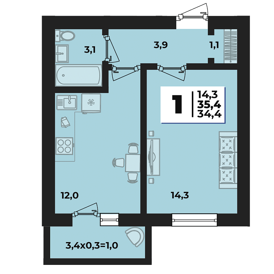 Планировка 1-комнатная, 35.3 м²