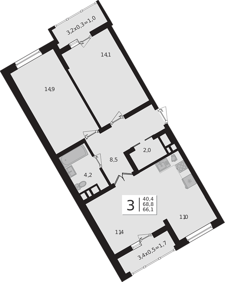 Планировка 3-комнатная, 68.8 м²