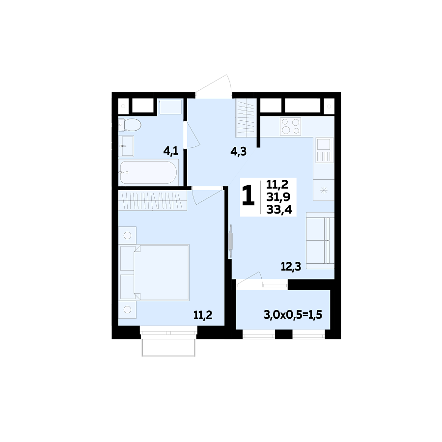Планировка 1-комнатная, 33.4 м²