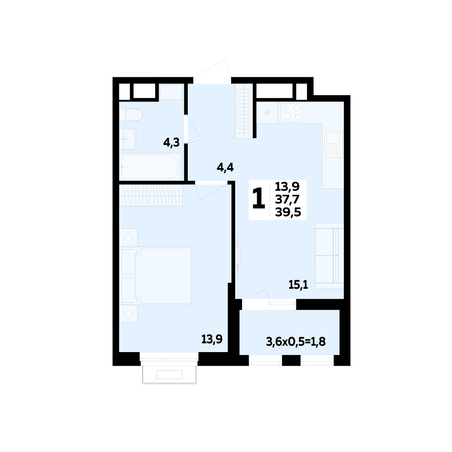Планировка 1-комнатная, 39.5 м²