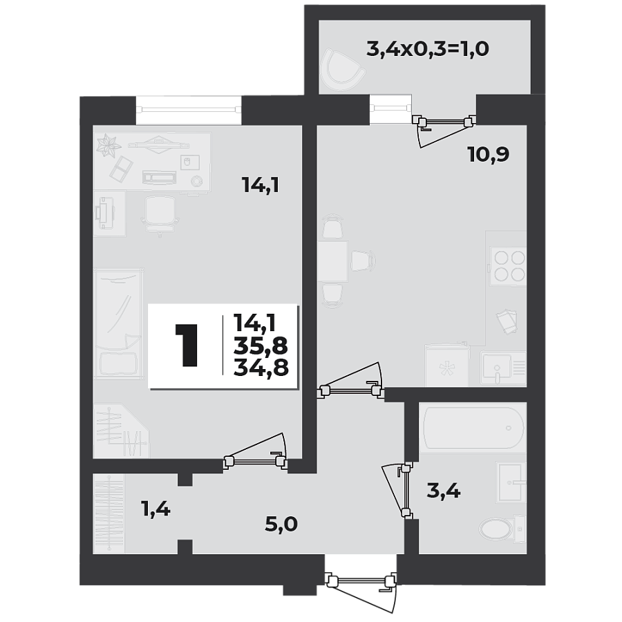 Планировка 1-комнатная, 35.8 м²