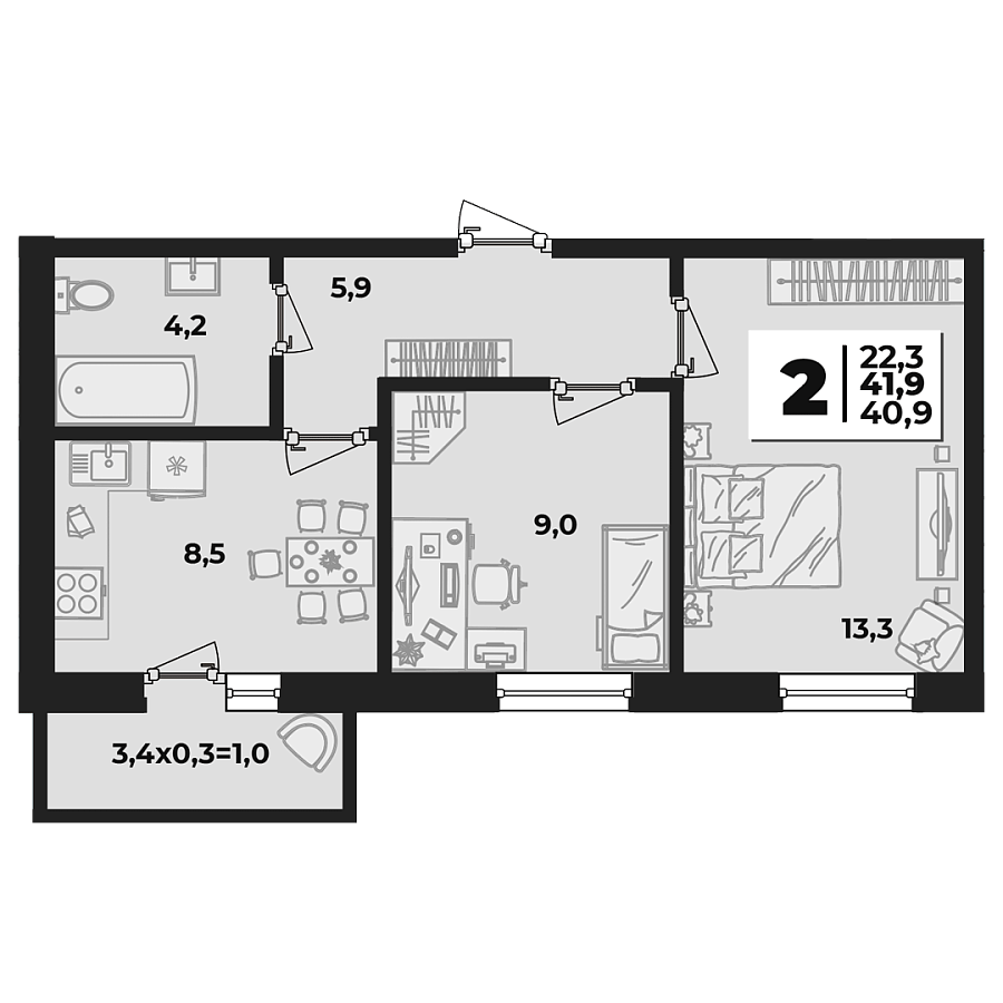 Планировка 2-комнатная, 41.9 м²