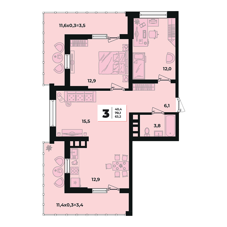 Планировка 3-комнатная, 70.1 м²