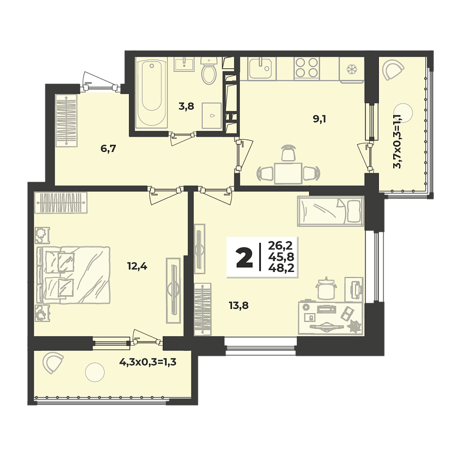 Планировка 2-комнатная, 48.2 м²