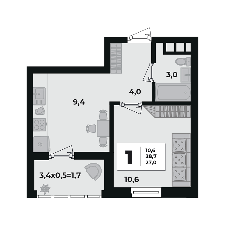 Планировка 1-комнатная, 28.7 м²