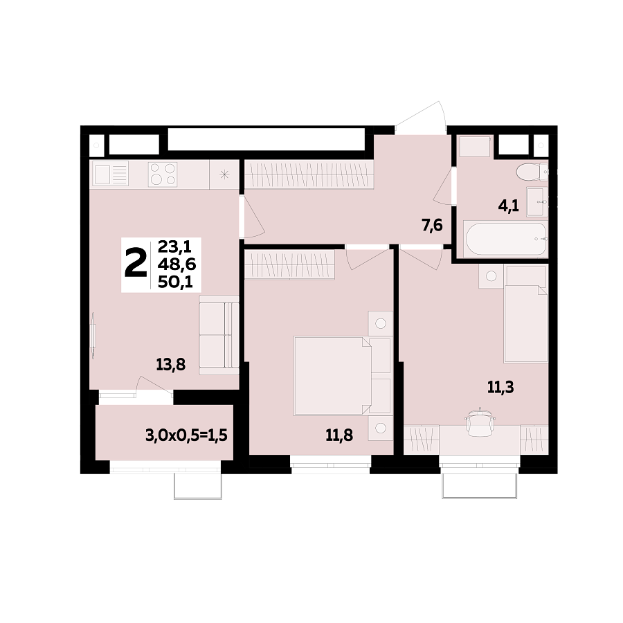 Планировка 2-комнатная, 50.1 м²