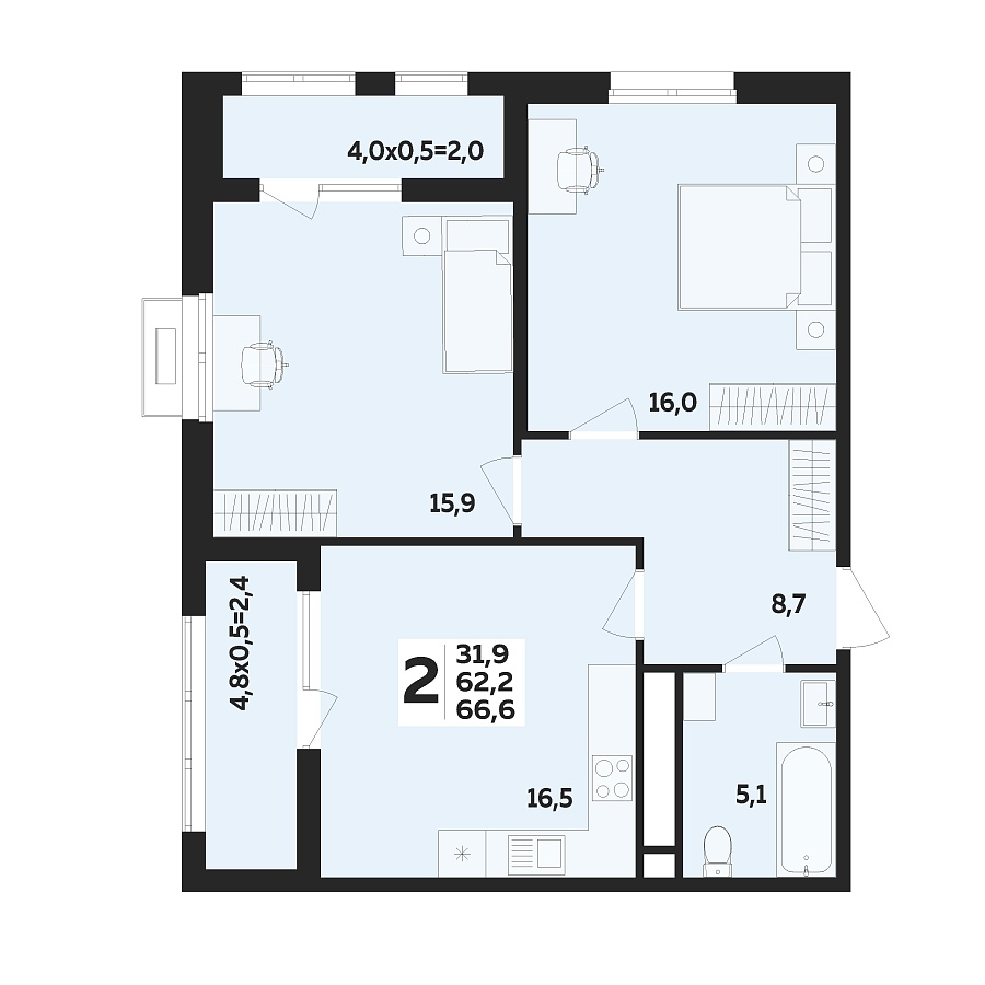 Планировка 2-комнатная, 66.6 м²