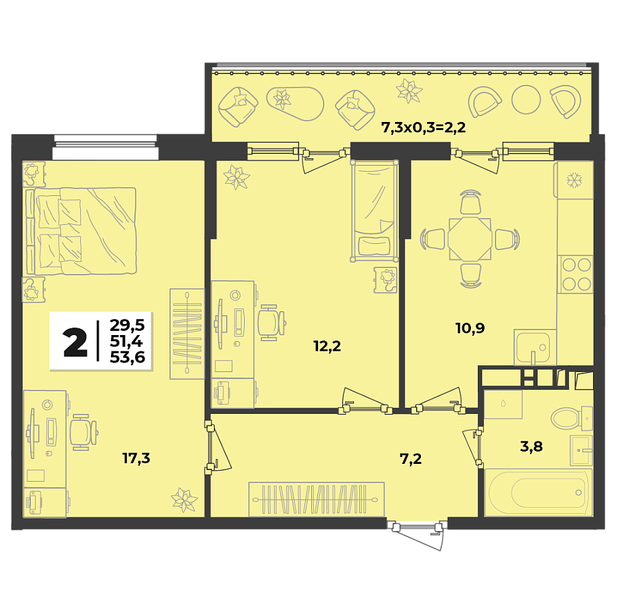 Планировка 2-комнатная, 53.6 м²