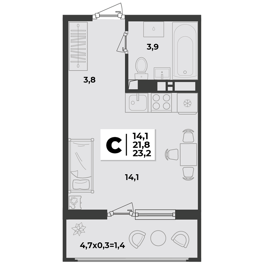 Планировка Студия, 23.2 м²