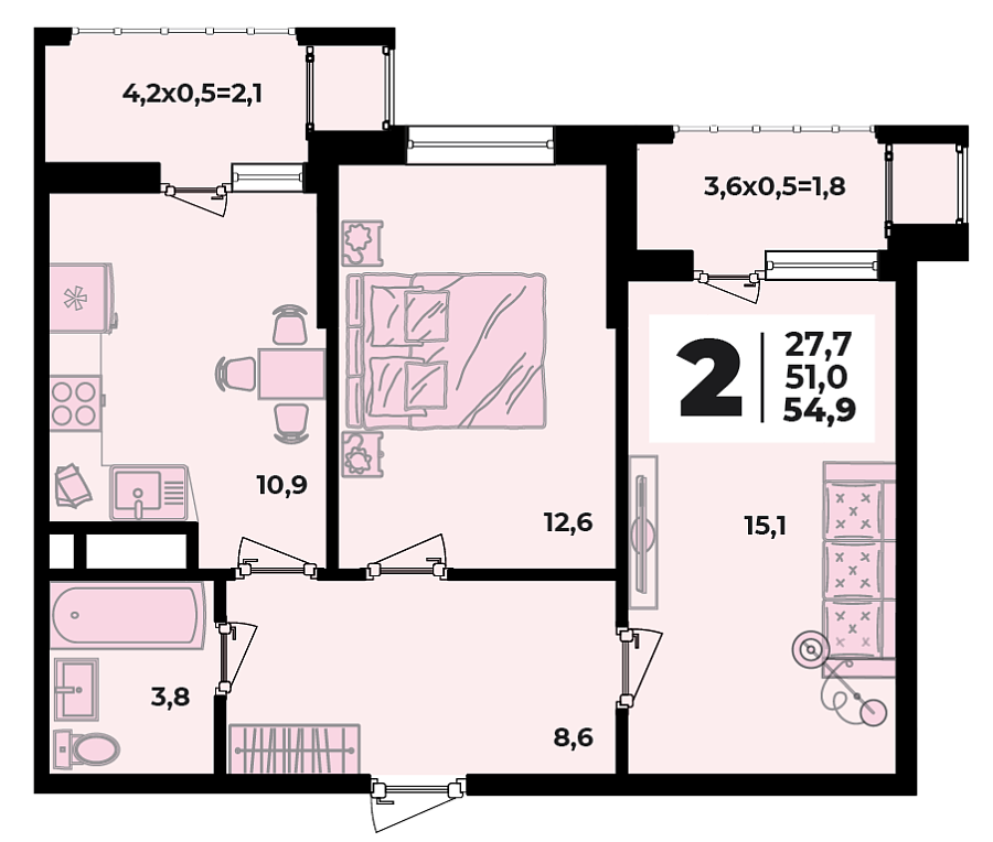 Планировка 2-комнатная, 54.9 м²