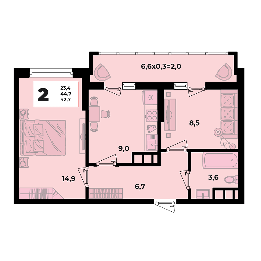 Планировка 2-комнатная, 44.7 м²