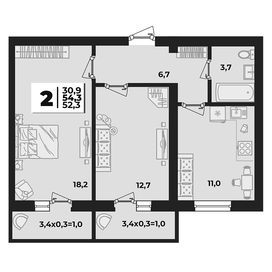 Планировка 2-комнатная, 54.3 м²