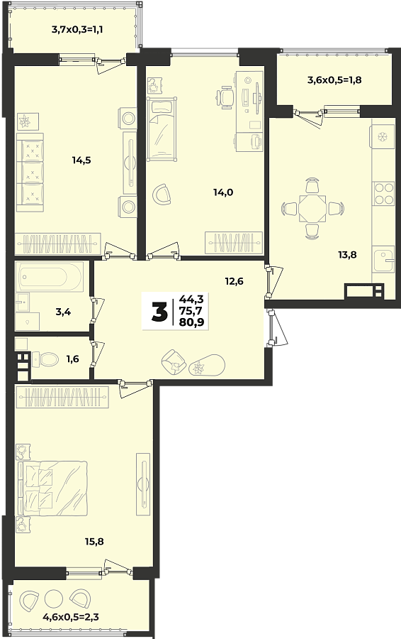 Планировка 3-комнатная, 80.9 м²