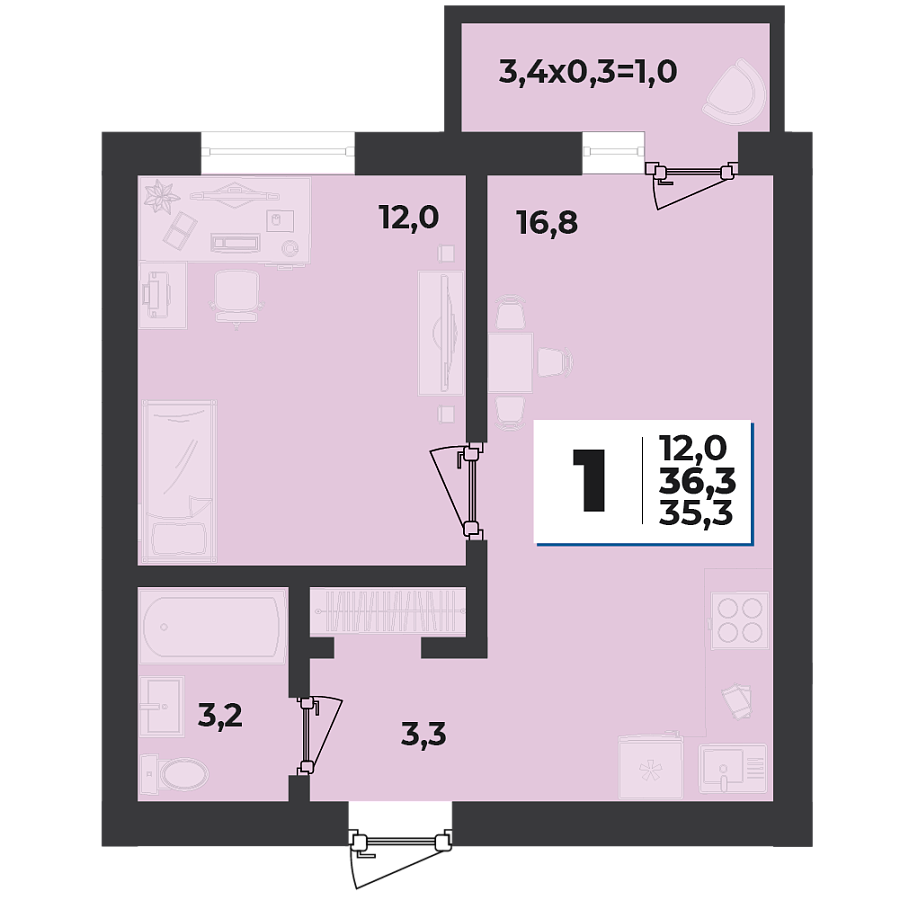 Планировка 1-комнатная, 26.3 м²