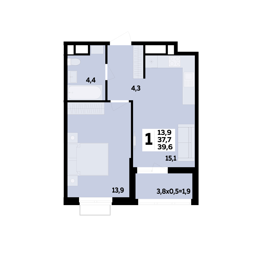 Планировка 1-комнатная, 39.6 м²