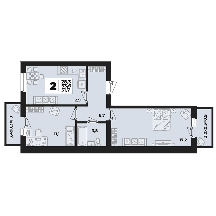 Планировка 2-комнатная, 53.6 м²