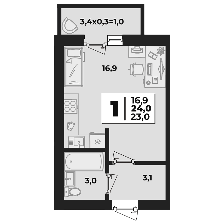 Планировка Студия, 24 м²