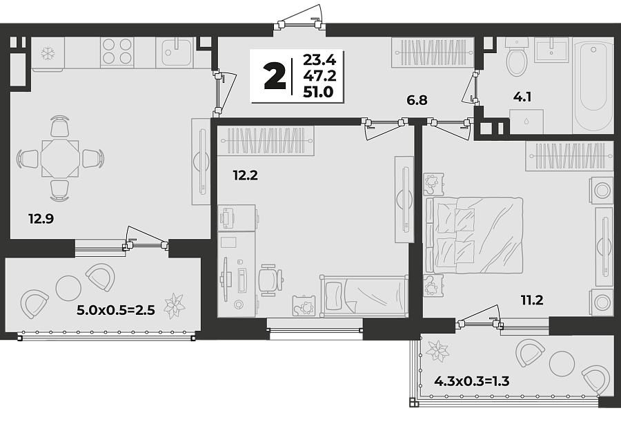 Планировка 2-комнатная, 51 м²