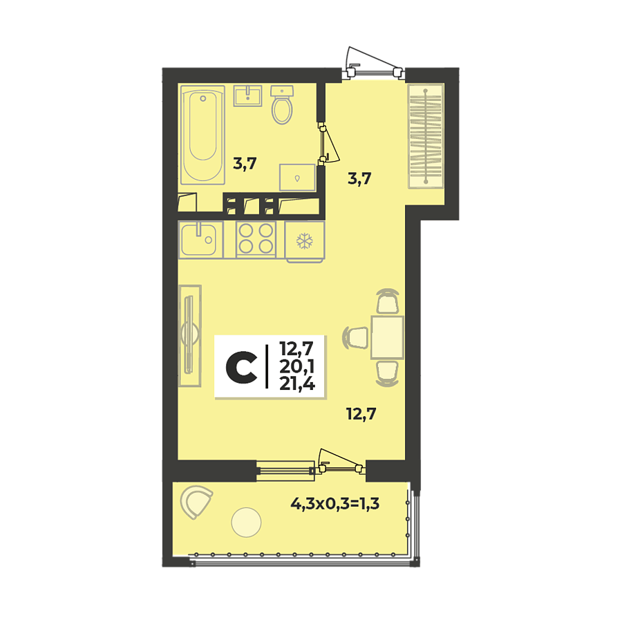 Планировка Студия, 21.4 м²