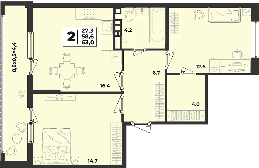 Планировка 2-комнатная, 63 м²