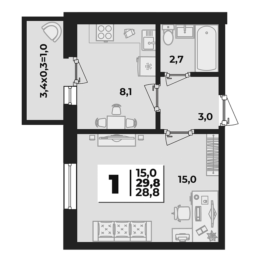 Планировка 1-комнатная, 29.8 м²