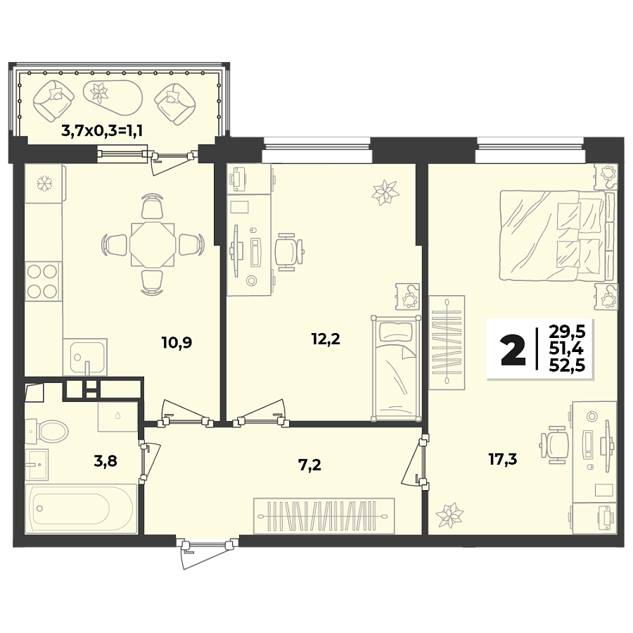 Планировка 2-комнатная, 52.5 м²