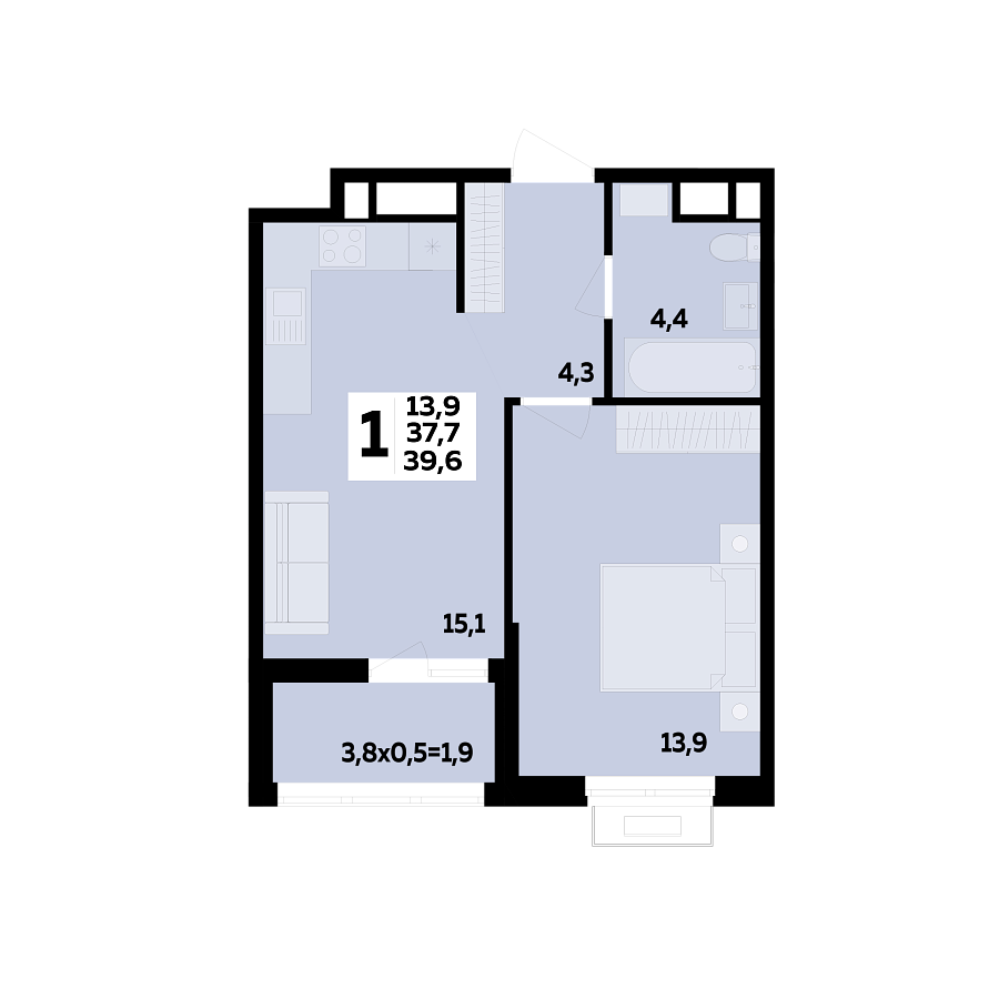 Планировка 1-комнатная, 39.6 м²