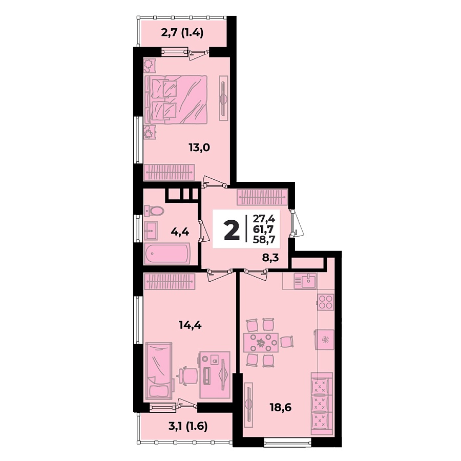Планировка 2-комнатная, 61.7 м²