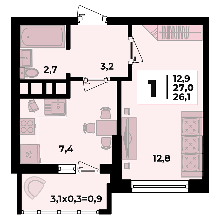 Планировка 1-комнатная, 27 м²
