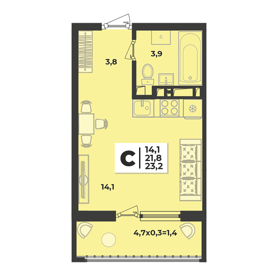 Планировка Студия, 23.4 м²