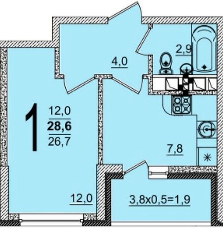 Планировка 1-комнатная, 28.6 м²